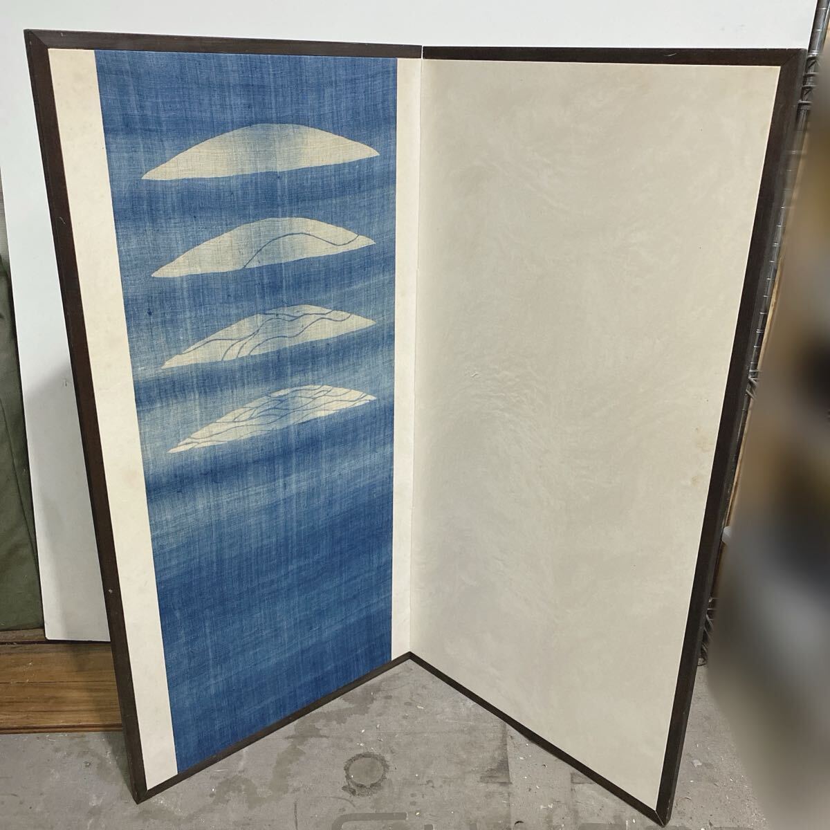 refle● 藍染め? 二曲屏風 和風 茶室 茶道具 風炉先 屏風 インテリア ジャンク 現状品拍卖