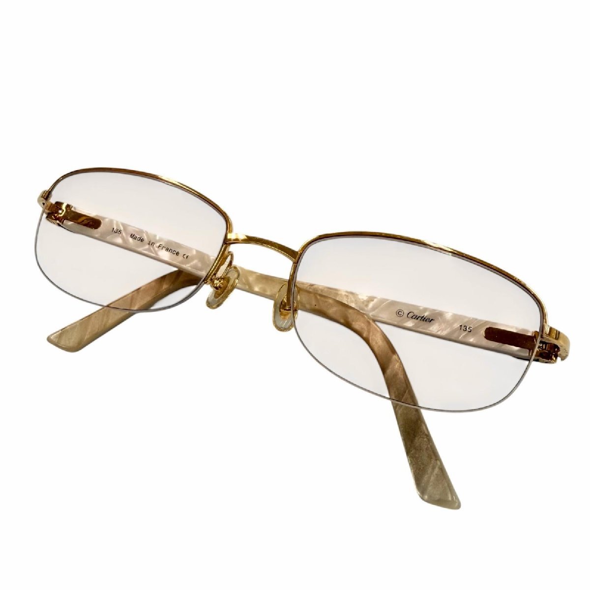 良品▼Cartier カルティエ ヴィンテージ 大理石モチーフ ハーフリム ツーポイント ロゴ サングラス ゴールド ホワイト ピンク □18 135拍卖