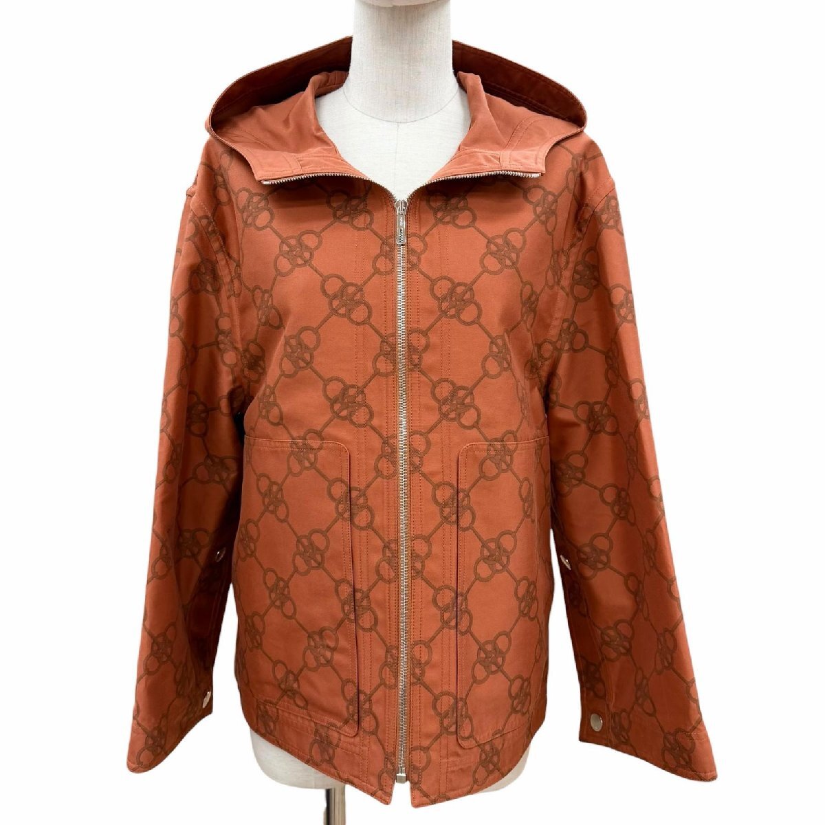 極美品◇HERMES エルメス 2E0154DX クリケティス コットン プリント セリエボタン フード付 ジャケット ブルゾン オレンジ 34 フランス製拍卖