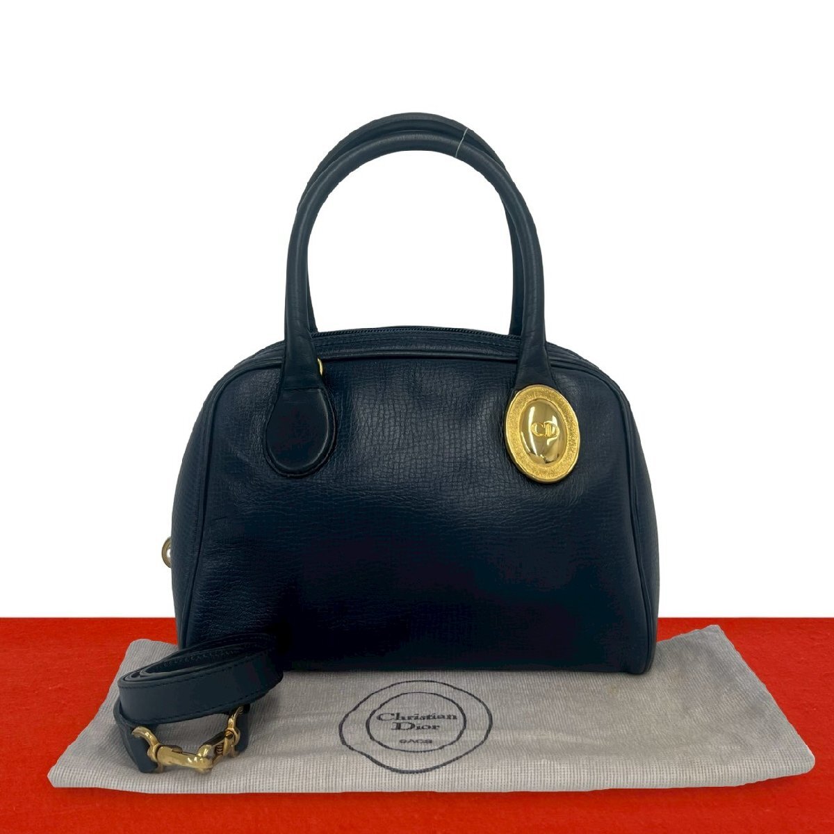 極 美品 袋付 Christian Dior ディオール ヴィンテージ CD ロゴ 金具 レザー 本革 2way ショルダーバッグ ハンドバッグ ネイビー 96173拍卖