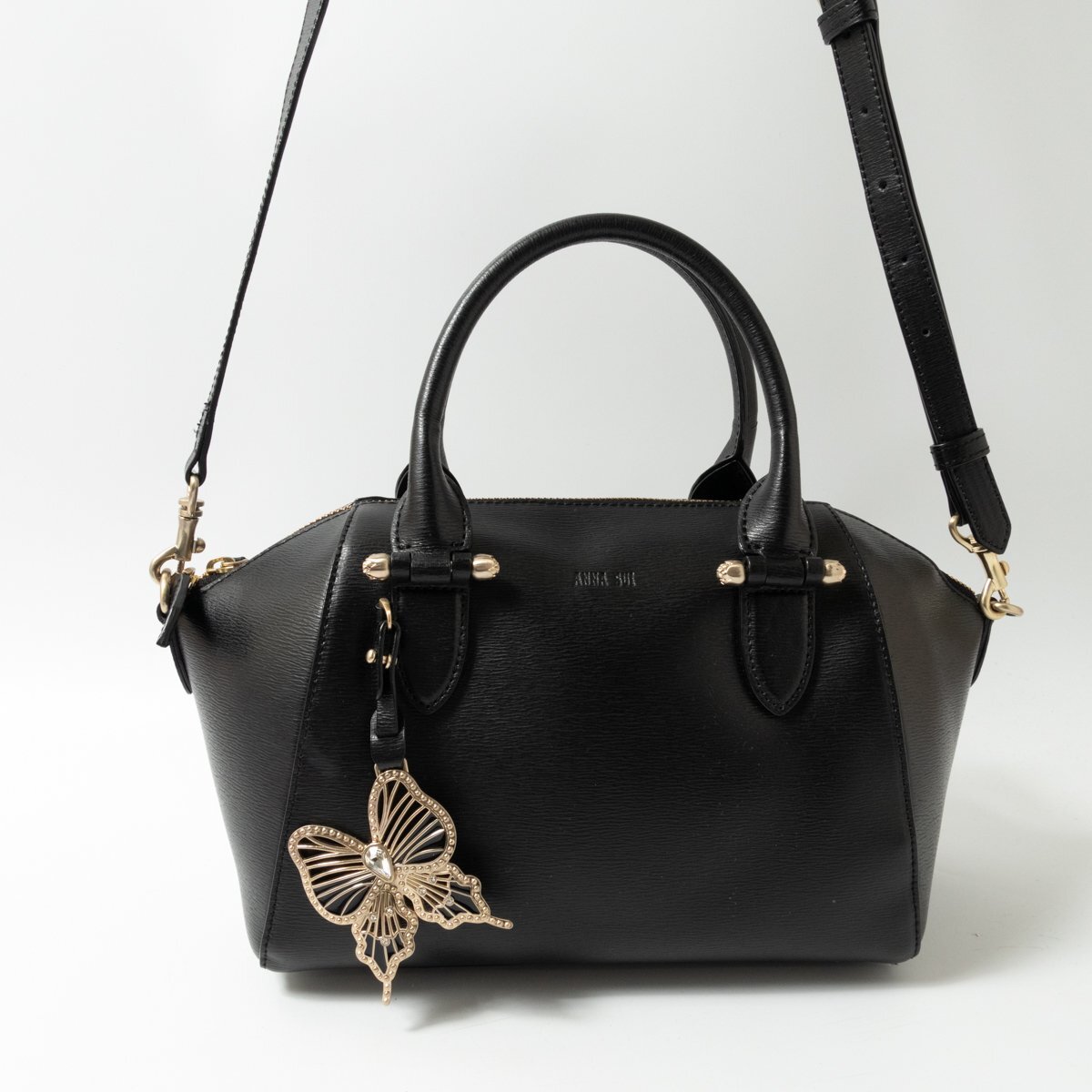 【1円スタート】ANNA SUI アナスイ 2WAY ハンドバッグ ショルダーバッグ レザー 本革 ブラック 黒 レディース 斜めがけ 手さげ bag 鞄拍卖