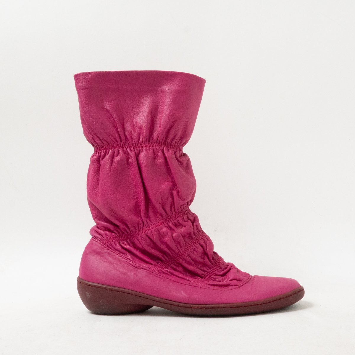 【1円スタート】 ISSEY MIYAKE イッセイミヤケ AJ102 24cm FETE ギャザーブーツ レザー 牛革 馬革 マゼンダ レディース 婦人 ガールズ拍卖