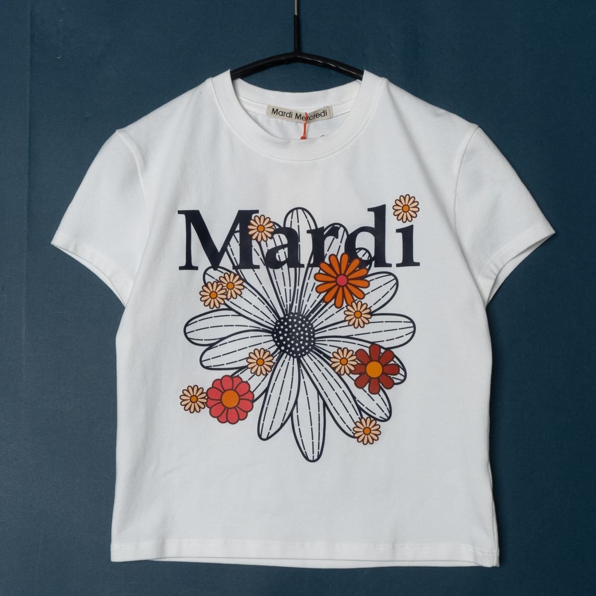メール便◯ タグ付き 未使用品 Mardi Mercredi マルディ メクルディ Tシャツ F ホワイト ショート丈 フラワーロゴ カジュアル 春夏 女性拍卖