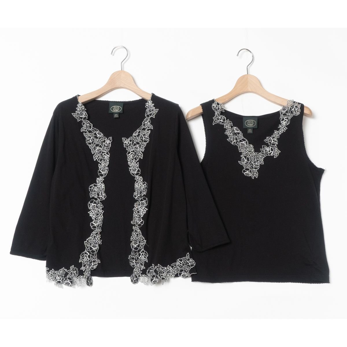 メール便◯ LAURA ASHLEY ローラアシュレイ エンブロイダリーカットソーアンサンブル M 綿100% 七分袖カーディガン/ノースリーブ 黒 春夏拍卖