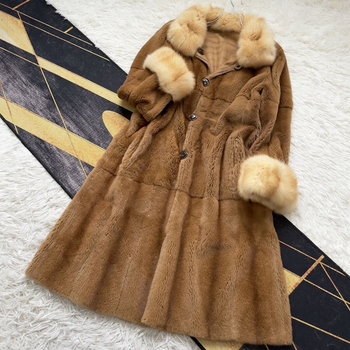 総丈111/激レアデザイン ROYAL CHIE/ロイヤル チエ ゴールデンセーブル ミンク/MINK ロング ファーコート リアルファー 毛皮 ロールアップ拍卖
