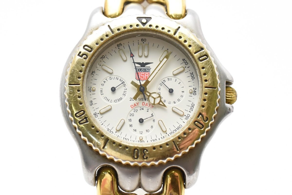 ELGIN エルジン DAY DATE デイデイト FK-326 ホワイト 3針 ラウンド ベースメタル 20BAR Quartz 腕時計拍卖