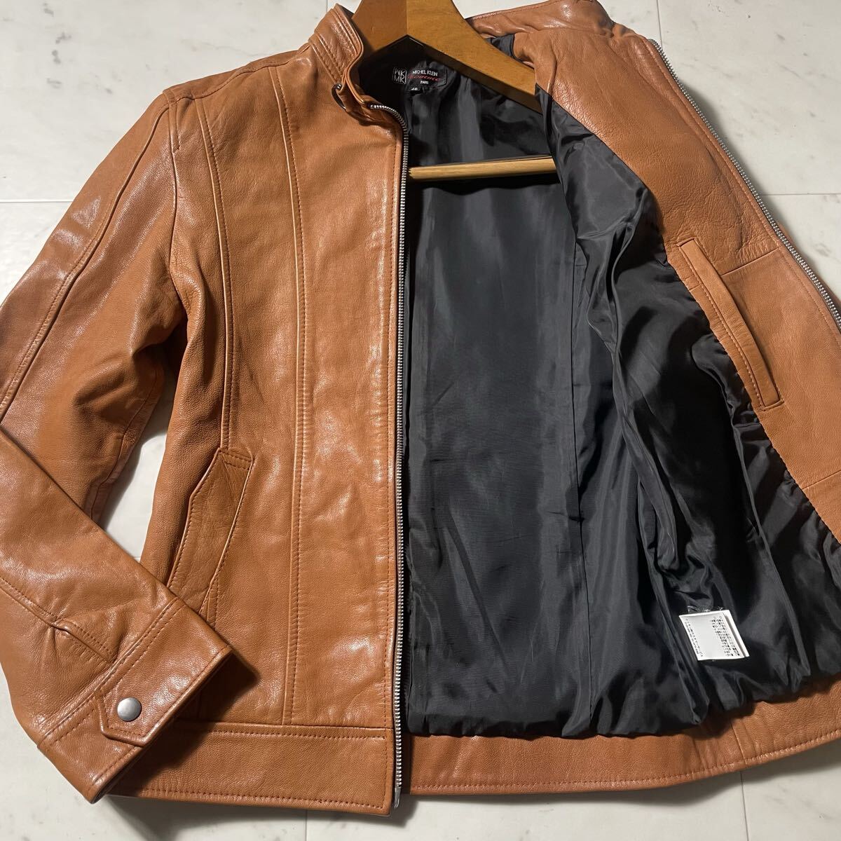 発色良し!!!【ミッシェルクラン MICHEL KLEIN】シングル ライダースジャケット / 山羊革 ヤギ 本革 ゴートレザー / Wジップ 46 M位拍卖