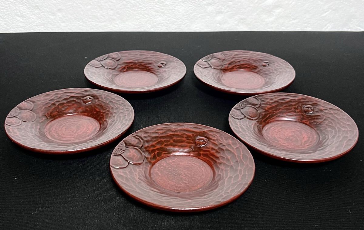 鎌倉彫 本うるし塗 天然木 木製 漆器 梅柄 茶托 小皿 菓子 銘々皿 5客揃/未使用 和食器 茶道具 来客用 煎茶道具拍卖