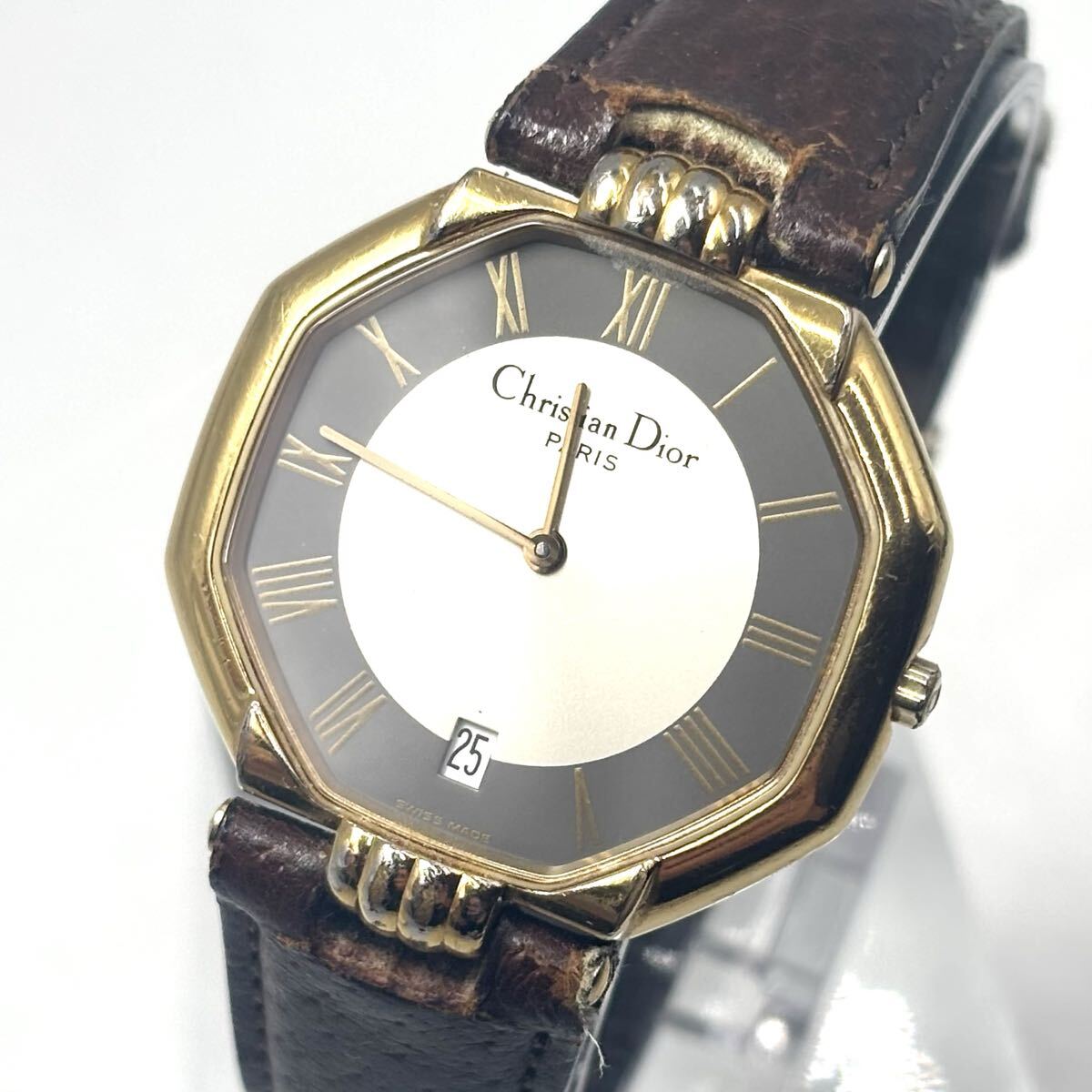【稼働/新品電池】Christian Dior クリスチャンディオール 腕時計 ゴールド 文字盤ホワイト オクタゴン QZ ユニセックス 型番:D45-154拍卖