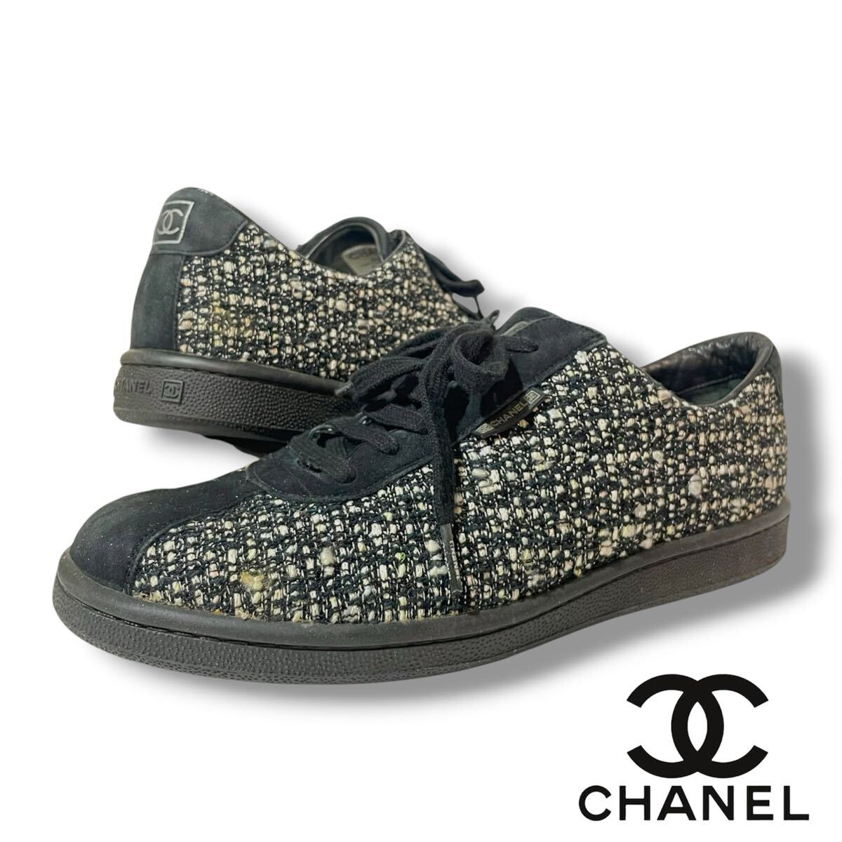 正規品 CHANEL G24579 シャネル CC ロゴ ココマーク ツイード スエード ローカット メンズ スニーカー シューズ ブラック 41拍卖