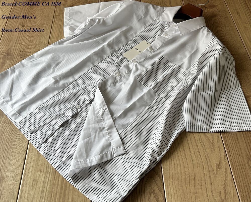 新品訳有り COMME CA ISM MEN コムサイズム メン タイプライター×ストライプ コンビ半袖シャツ 01ホワイト Mサイズ 33IK12 定価5,900円拍卖