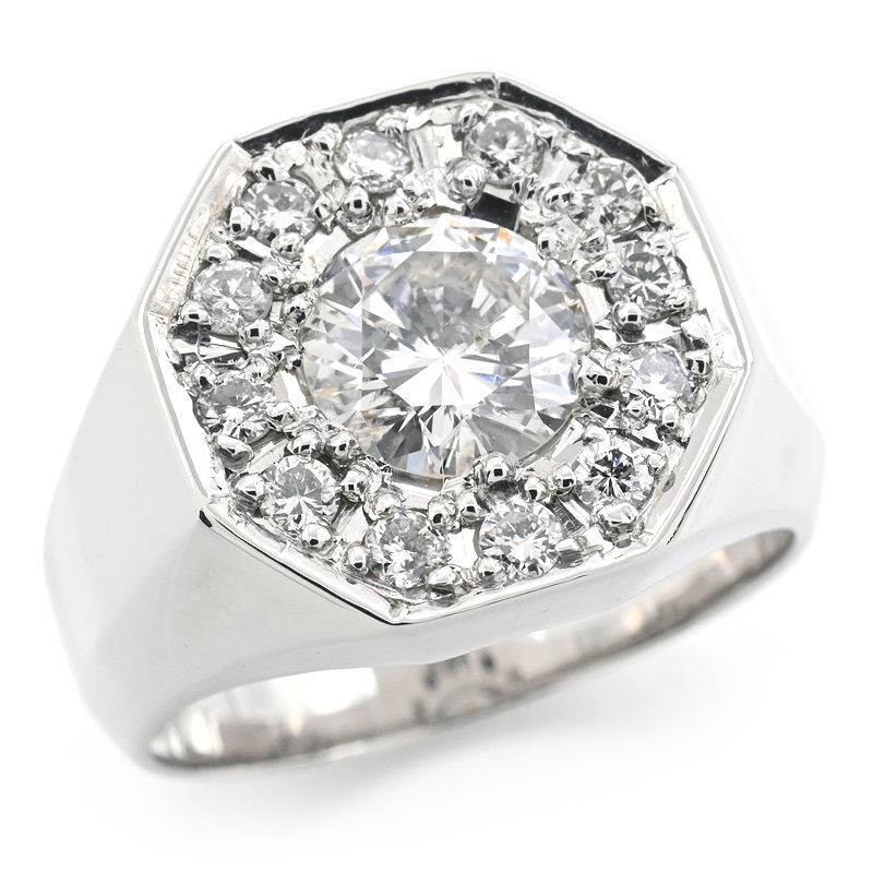 1.26ct/0.43ct天然ダイヤモンド 印台 リング 18号 Pt900 八角形 全面ダイヤ シグネット 鏡面仕上げ プラチナ 地金23.6g 中古 送料無料拍卖