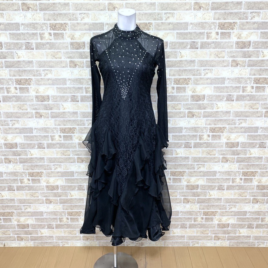 1円 社交ダンスドレス ICHIOKU 黒系 ダンス衣装ドレス カラードレス 発表会 舞台衣装 イベント 中古25258拍卖