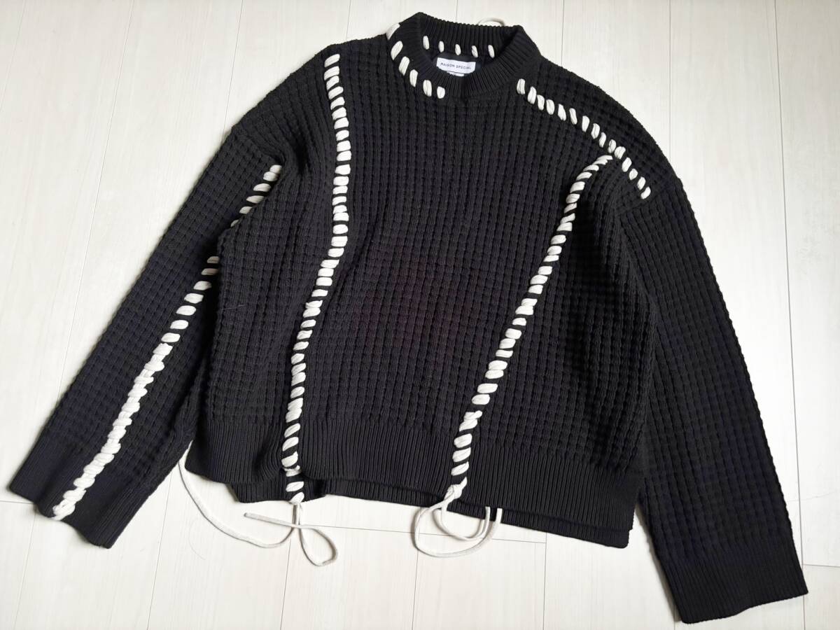 MAISON SPECIAL メゾンスペシャル Oni-Waffle Crazy Stitch Embroidery Prime-Over Crew Neck Knit Pullover ニット ワッフル 黒 0 ◎0515拍卖