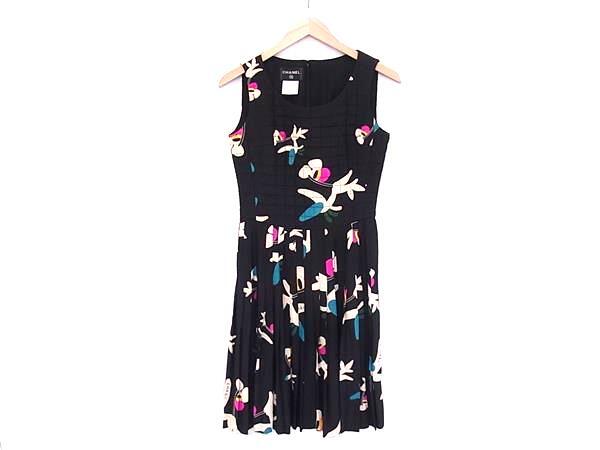 1円 ■美品■ CHANEL シャネル 00T シルク100% ノースリーブ ワンピース 表記サイズ 38 洋服 レディース ブラック系×マルチカラー FQ5112拍卖