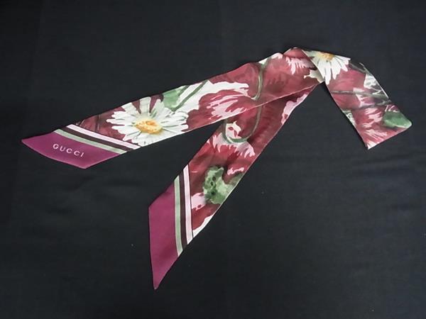 1円 ■美品■ GUCCI グッチ ネックボウ フラワー 花柄 リボンスカーフ レディース メンズ ワインレッド系×マルチカラー BR3114拍卖