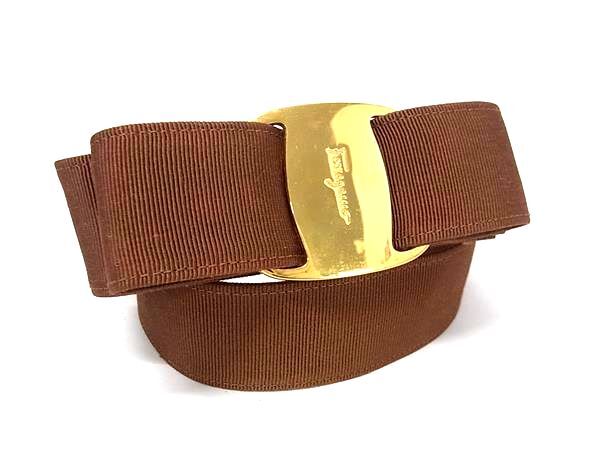 1円 ■美品■ Salvatore Ferragamo フェラガモ ヴァラリボン キャンバス ゴールド金具 ベルト レディース ブラウン系 BT5258拍卖