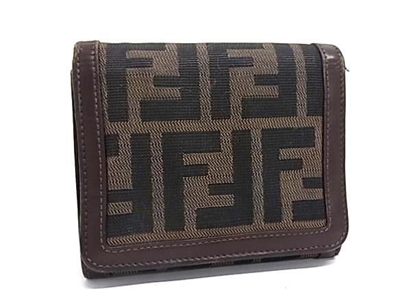 1円 FENDI フェンディ ズッカ柄 キャンバス×レザー 三つ折り 財布 ウォレット 小銭入れ 札入れ ブラウン系×ブラック系 BU0093拍卖