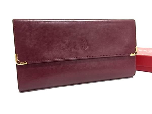 1円 ■美品■ Cartier カルティエ マストライン レザー がま口 三つ折り 長財布 ウォレット 小銭入れ 札入れ ボルドー系 BU0136拍卖