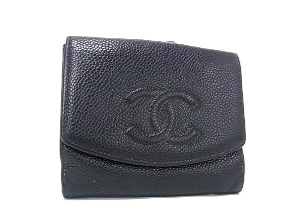 1円 CHANEL シャネル ココマーク キャビアスキン Wホック 二つ折り 財布 ウォレット 小銭入れ 札入れ レディース ブラック系 HC0490拍卖