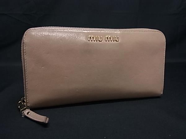1円 miumiu ミュウミュウ レザー ラウンドファスナー 長財布 ウォレット 小銭入れ 札入れ カード入れ レディース ピンクベージュ系 HA7457拍卖