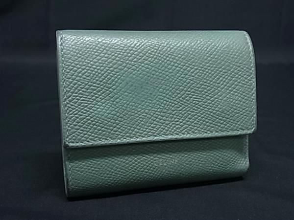 1円 CELINE セリーヌ スモール トリフォールド レザー 三つ折り 財布 ウォレット 小銭入れ 札入れ カード入れ ミントグリーン系 HA7466拍卖