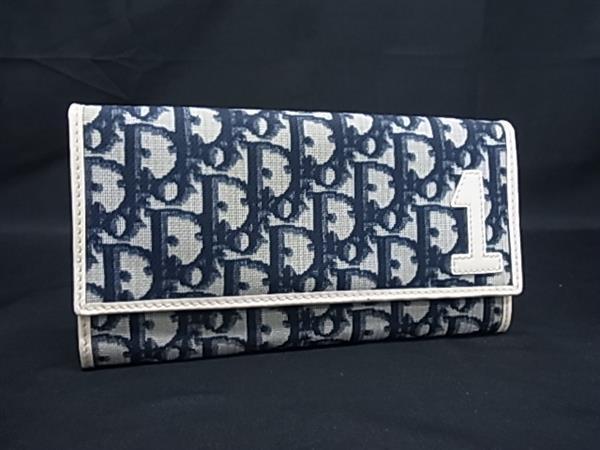 1円 ChristianDior ディオール トロッター PVC×パテントレザー 二つ折り 長財布 ウォレット レディース ネイビー系×アイボリー系 HA7468拍卖