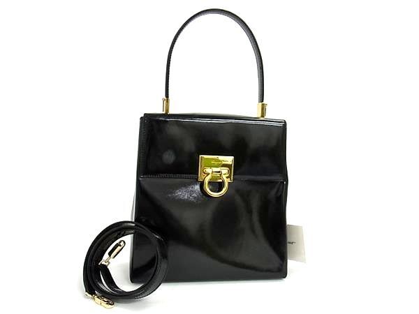 1円 Salvatore Ferragamo フェラガモ レザー 2WAY ハンドバッグ ショルダー 斜め掛け 肩掛け レディース ブラック系 GC1546拍卖