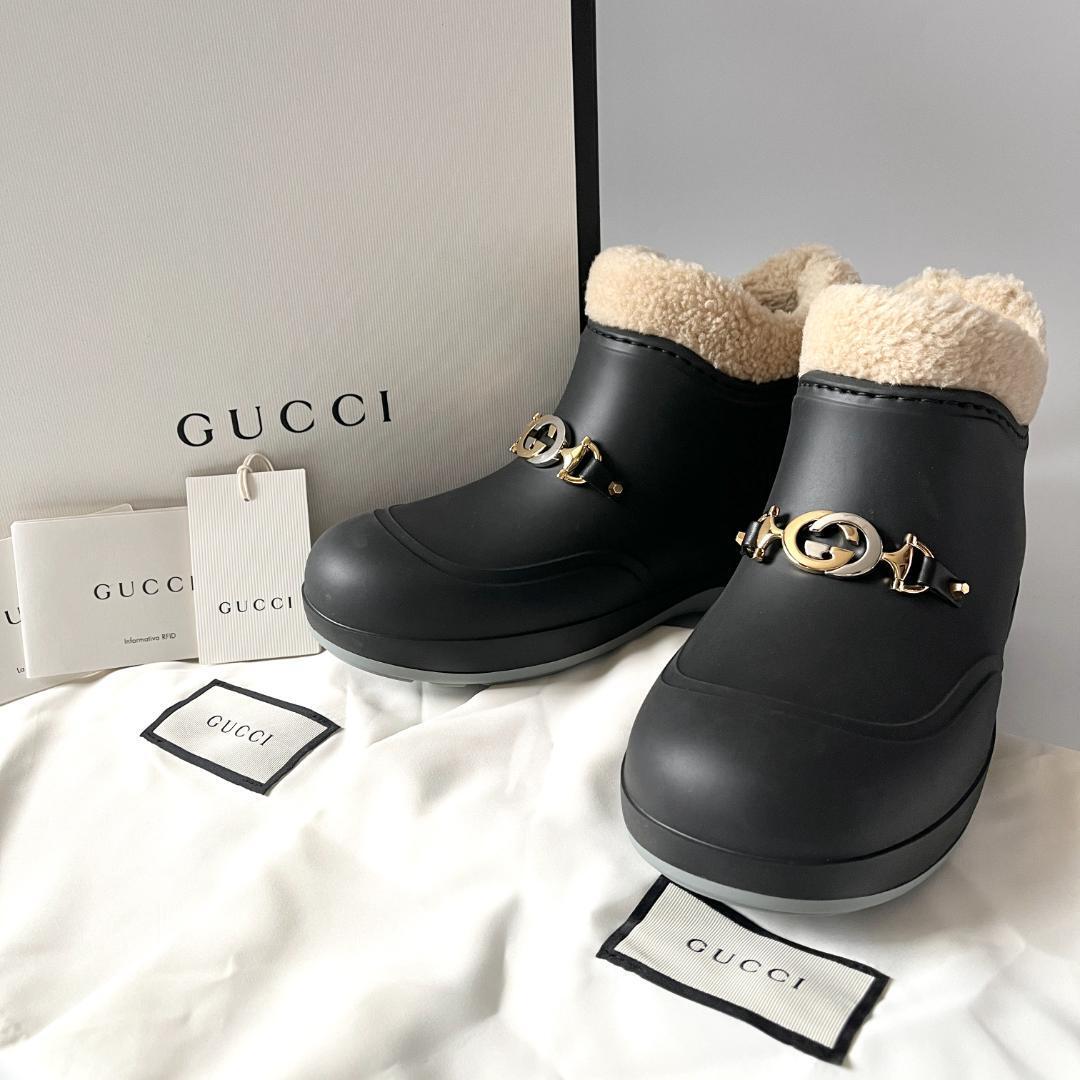 36★未使用 GUCCI グッチ 627890 レインショートブーツ 黒 ファー ホースビット GG金具 防水 ラバー 箱付 レディース拍卖