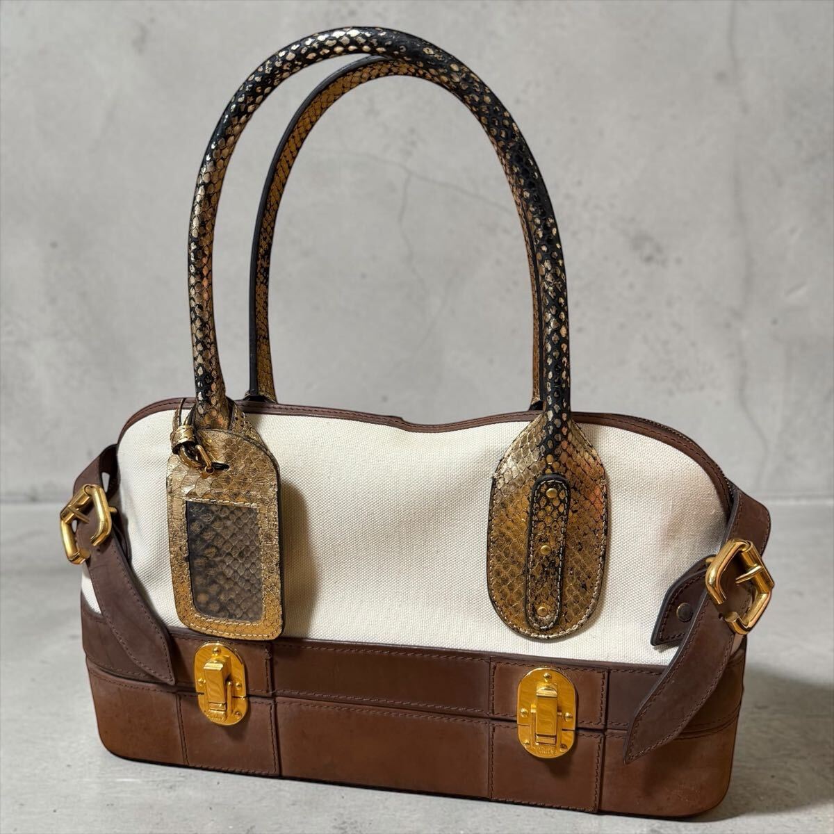 【1円スタート】【希少】Chloe パイソンハンドル×キャンバス バニティバッグ ハンドバッグ ブラウン レザー拍卖