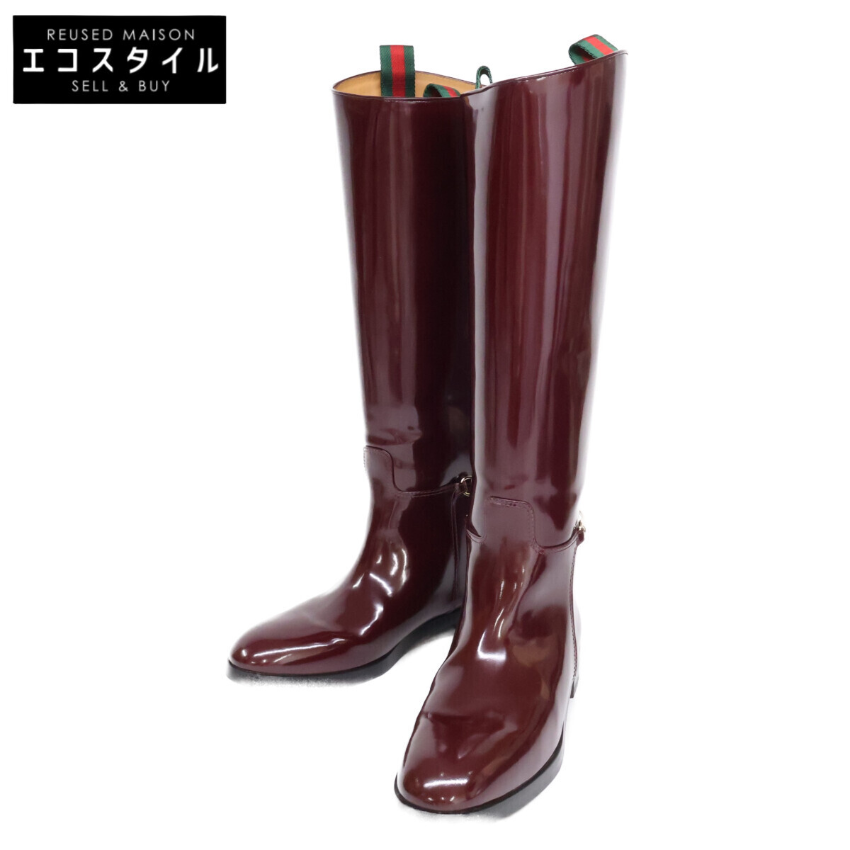 美品/25年製 GUCCI グッチ 805312 ホースビット ジョッキーブーツ 38 1/2 バーガンディ レディース拍卖
