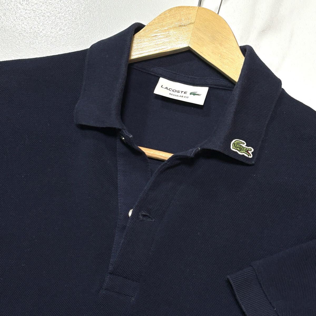 極美品/ Lサイズ相当 LACOSTE ラコステ ポロシャツ 半袖 ワニロゴ 鹿の子 襟ロゴ ネイビー 拍卖