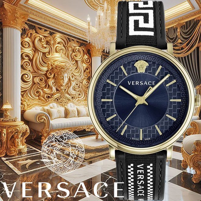 高級ヴェルサーチVERSACE 新品1円ブルー&ブラック スイス腕時計 メンズ 本革ベルト50m防水 激レア日本未発売イタリアブランド 本物 未使用拍卖