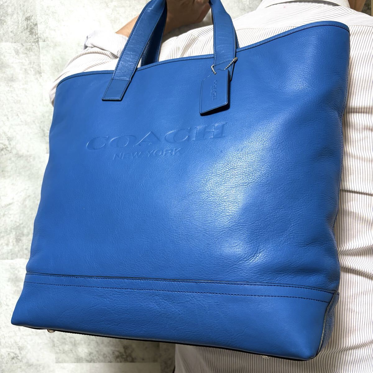 超希少/入手困難◎ コーチ COACH メンズ 大容量 A4収納 ビジネス トートバッグ マーサー ロゴ型押し 青 ブルー 本革 レザー 肩掛け拍卖