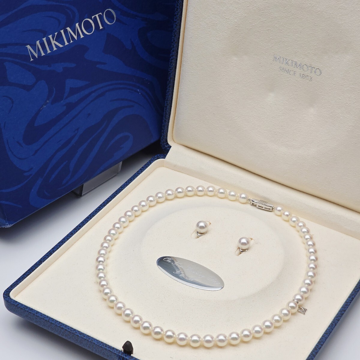 1円~■ K18/Mチャーム/箱付 ■ MIKIMOTO ミキモト パール ネックレス イヤリング セット7.0-7.5mm 33.5g 43cm アコヤ真珠 本真珠 pearl拍卖