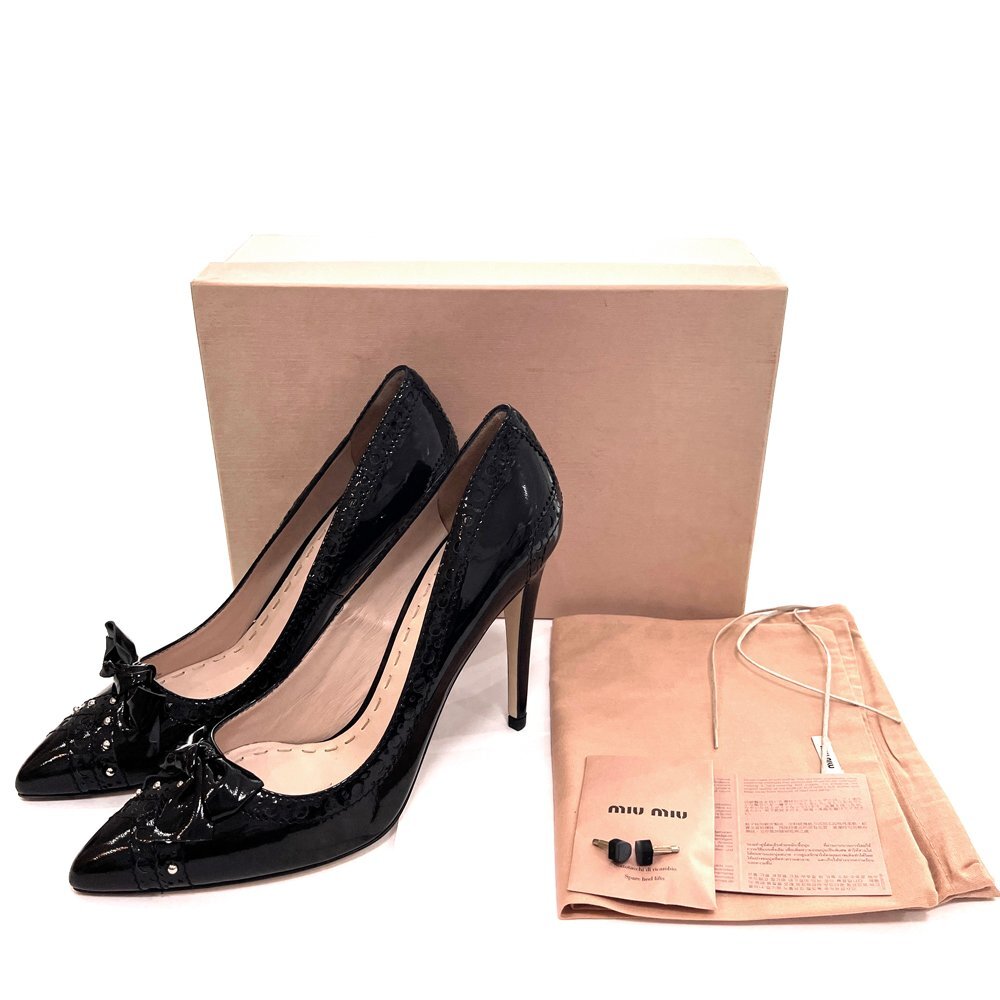 ◆miu miu ミュウミュウ CALZATURE DONNA ポインテッドトゥ リボン パンプス レディース40 サイズ26~26.5cm程度 ブラック 5BC/95259拍卖