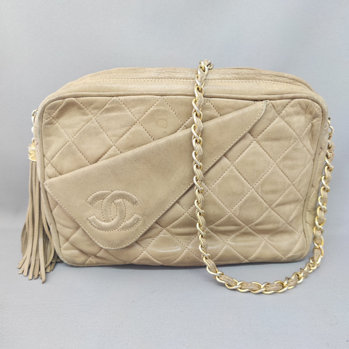 1円~ DKG★Y38★ CHANEL シャネル ラムスキン フリンジ チェーン ショルダーバッグ CCマーク ベージュ チェーンショルダー シャネルバッグ拍卖