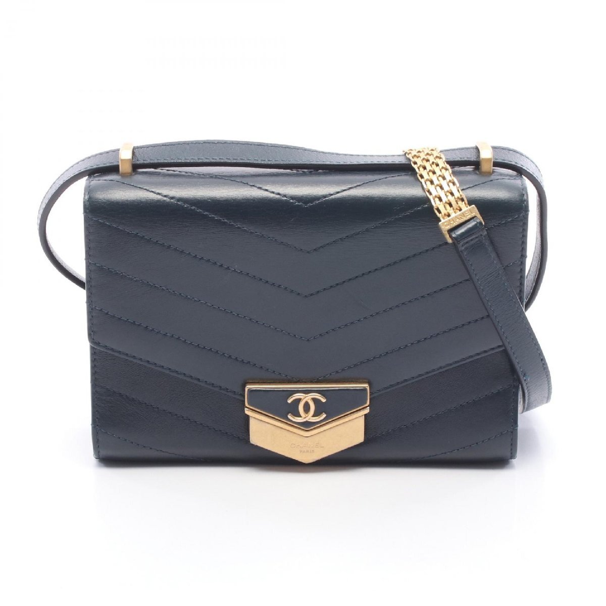 シャネル CHANEL シェブロン Vステッチ メダル ショルダーバッグ バッグ レザー グリーン系 A57491 【中古】拍卖