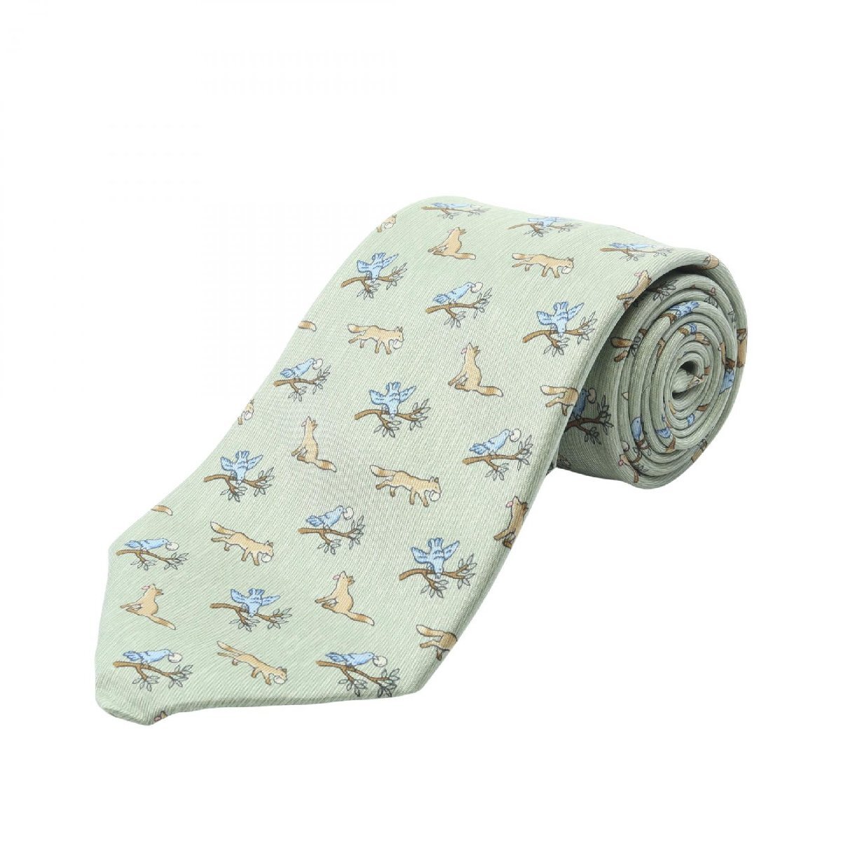 エルメス HERMES NECKTIE キツネ 鳥 アニマル ネクタイ 衣料品 シルク シルク グリーン系 【中古】拍卖
