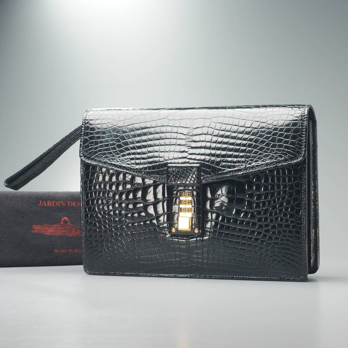 GT5065//イタリア製*JARDIN DES SACS*本クロコダイル/ワニ革/レザーセカンドバッグ/クラッチバッグ/ポーチ/鞄/黒/ブラック拍卖