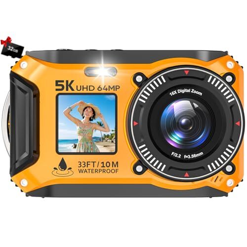 デジカメ 5K録画 64MP 水中カメラ 10M 防水 デュアルスクリーン 防水カメラ 自撮り オートフォーカス 16倍デジタルズ拍卖