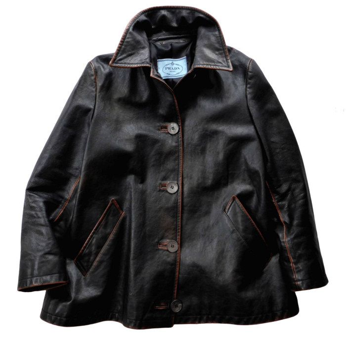 プラダ (PRADA) カーフスキン レザー カーコート ジャケット #40 ブラック×ブラウン 55617 ウェア(中古)拍卖