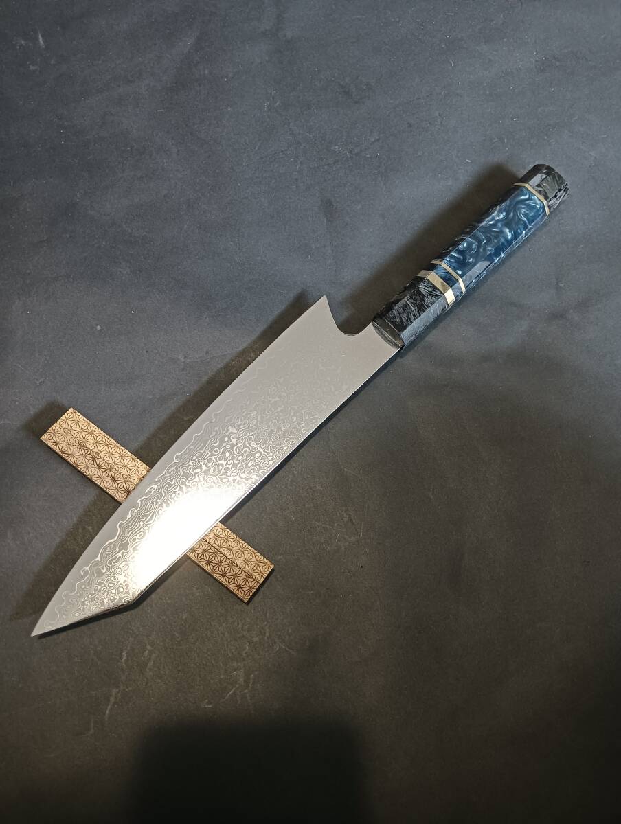 67層スーパー鏡面ダマスカス切付包丁210mm モダンビジュアルマーブルブルーモダンアート柄拍卖