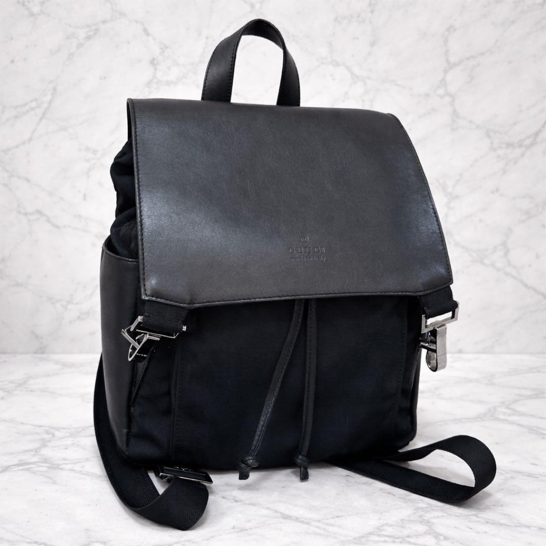 GUCCI グッチ リュック バックパック ナイロン レザー 巾着 ブラック シルバー金具拍卖
