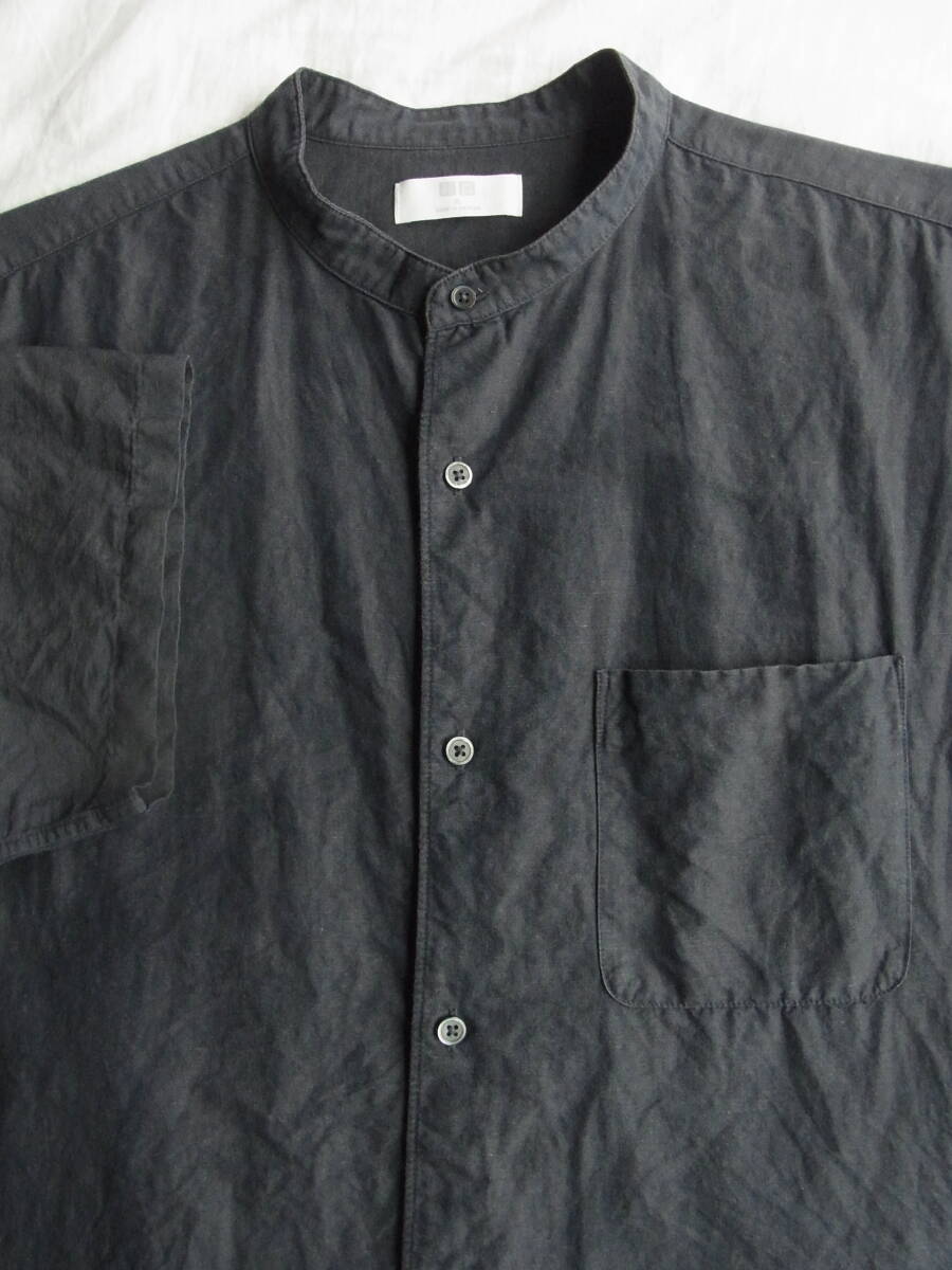 UNIQLO ユニクロ コットンリネン素材 半袖バンドカラーシャツ サイズ XL 先染めのネイビー系 331-444754拍卖