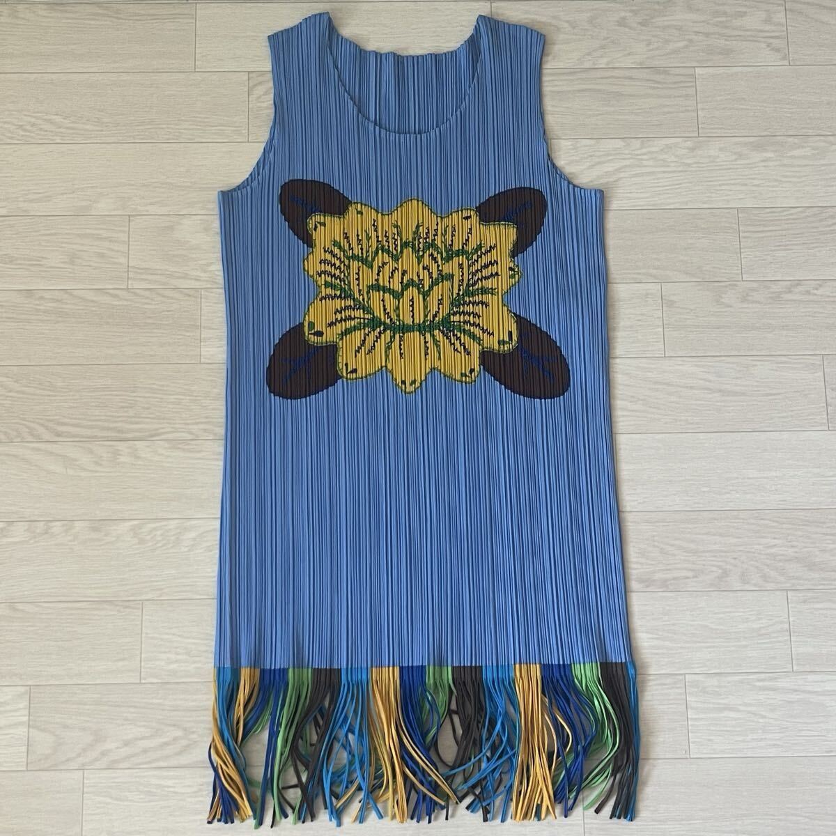 未使用級 PLEATS PLEASE ISSEY MIYAKE プリーツプリーズ イッセイミヤケ プリーツ ノースリーブ ワンピース フリンジ 3 PP91-JK573 花 春夏拍卖