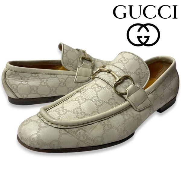 1 正規品 GUCCI グッチ シマ 147825 GGロゴ ホースビット レザー ローファー モカシン シューズ スリッポン 革靴 ホワイト 42 イタリア製拍卖