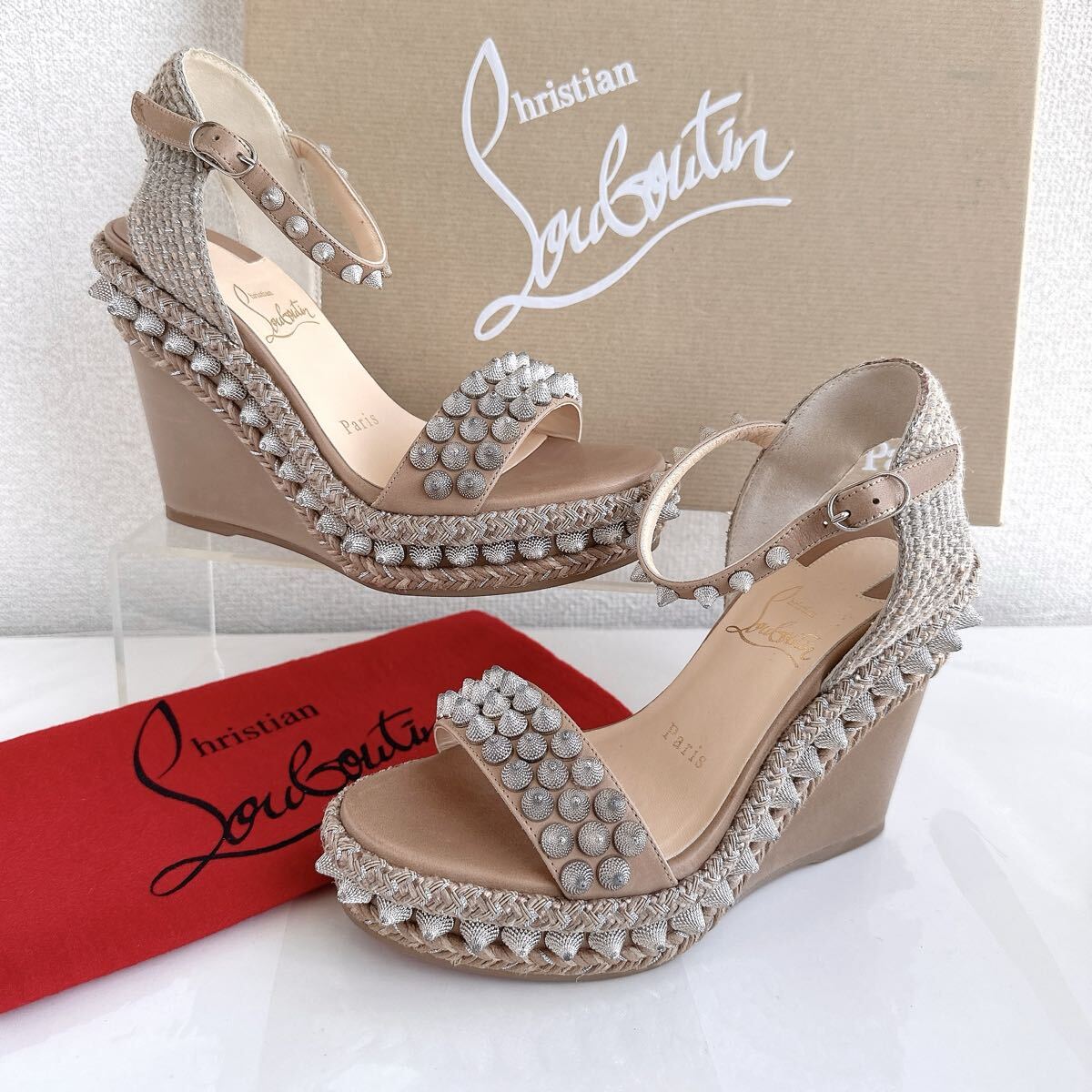 Christian Louboutin クリスチャンルブタン 厚底 プラットフォーム スタッズ ストラップ サンダル ウェッジ 35 靴 シューズ レーディス拍卖