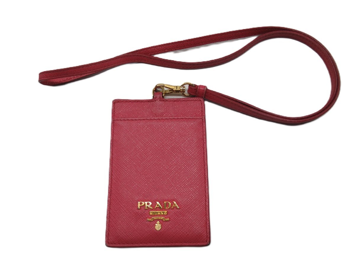 ★【B送900円】3619 PRADA プラダ カードケース 赤 刻印有 85 ゴールド金具 イタリー製 ストラップ 小物 拍卖