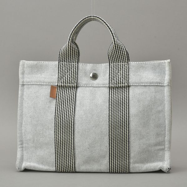 1円~ HERMES エルメス ニューフールトゥPM ハンドバッグ キャンバス グレー ブラック クリーニング済み トート 鞄 /080326-80/k.f拍卖